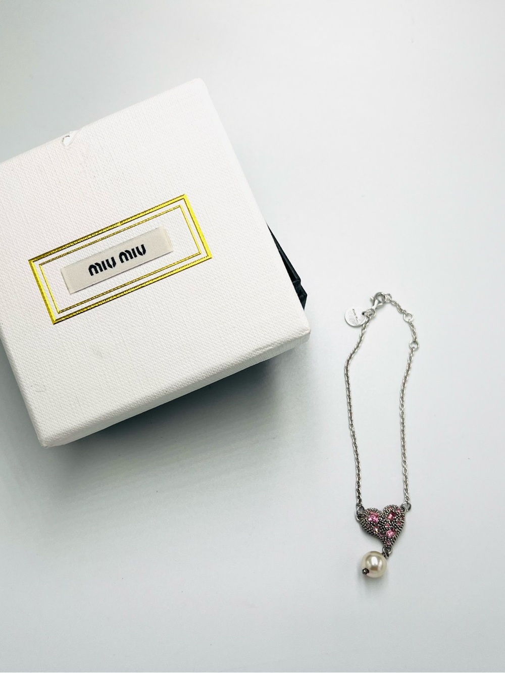 Miu Miu Crystal Faux Pearl Heart Silver Chain Bracelet - Picture 5 of 6